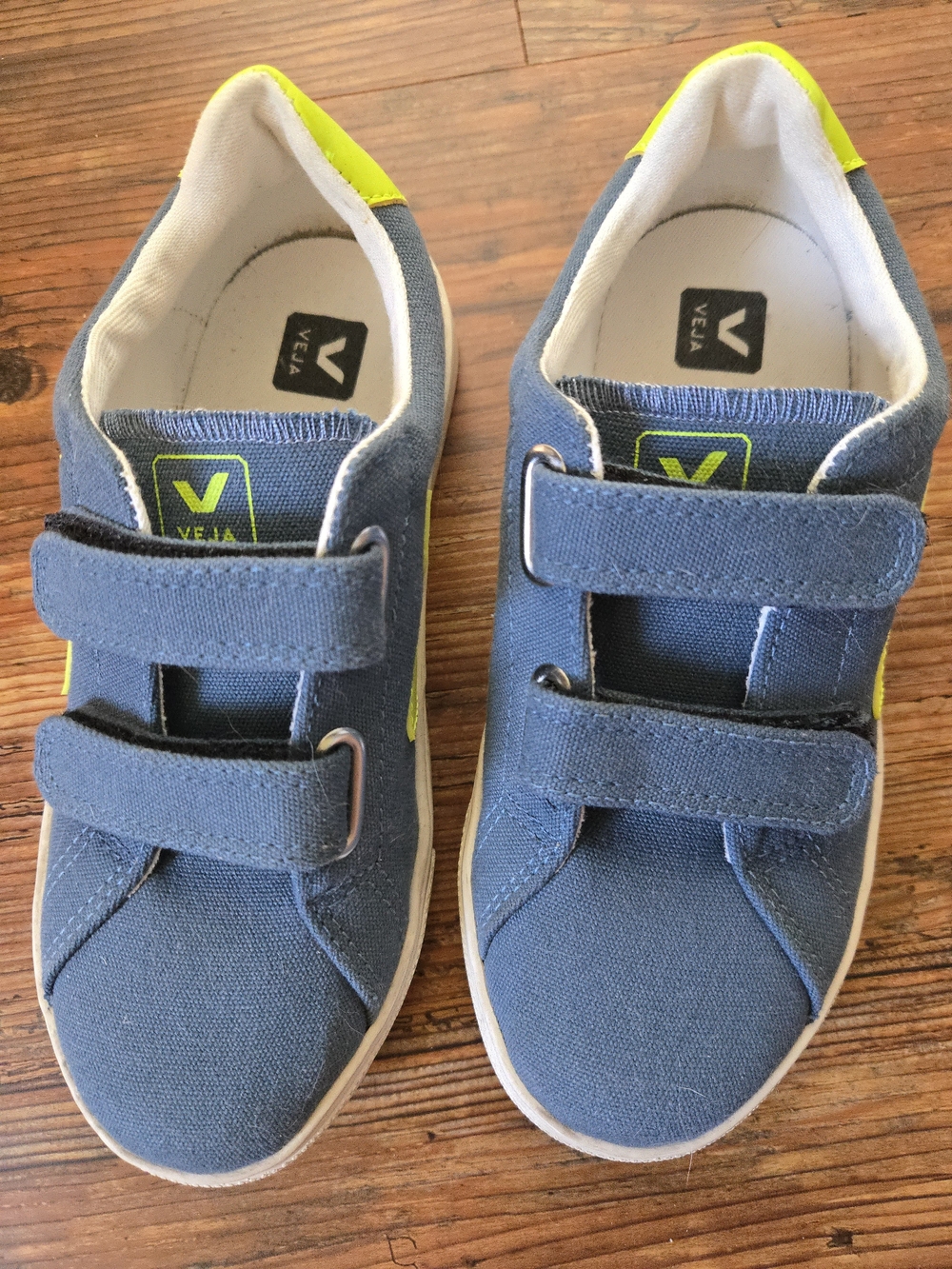 VEJA Kids' Navy Canvas Hook And Loop Sneakers with Neon Green Accents, Worn Once